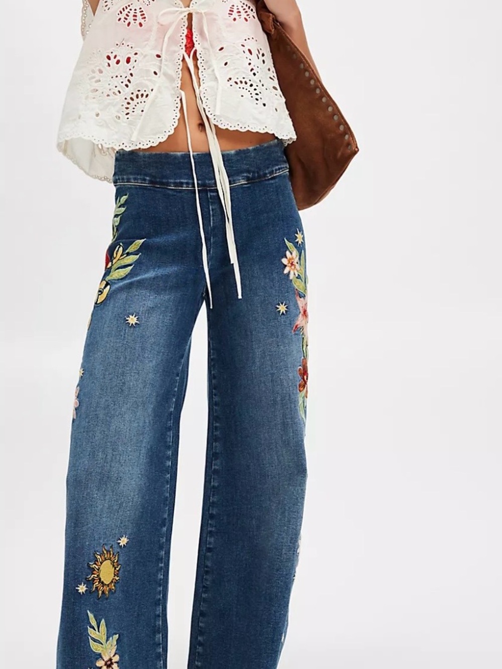 DRIFTWOOD Light Wash Embroidered Wide-Leg Jeans